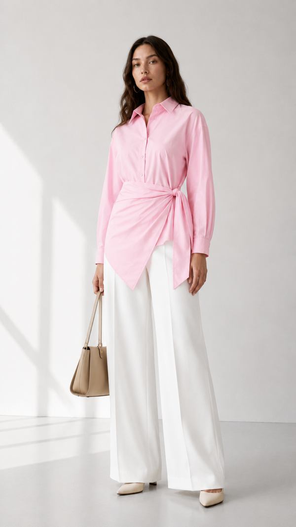Wrap-front button-down shirt in pastel blue, yellow, and pink. It features a classic pointed collar, concealed-style front button placket, long sleeves with wide cuffs, and a waist tie detail that gathers at the side for a flattering draped silhouette. The asymmetric wrap hem adds a polished yet feminine touch, ideal for workwear, brunch, or elevated everyday styling.