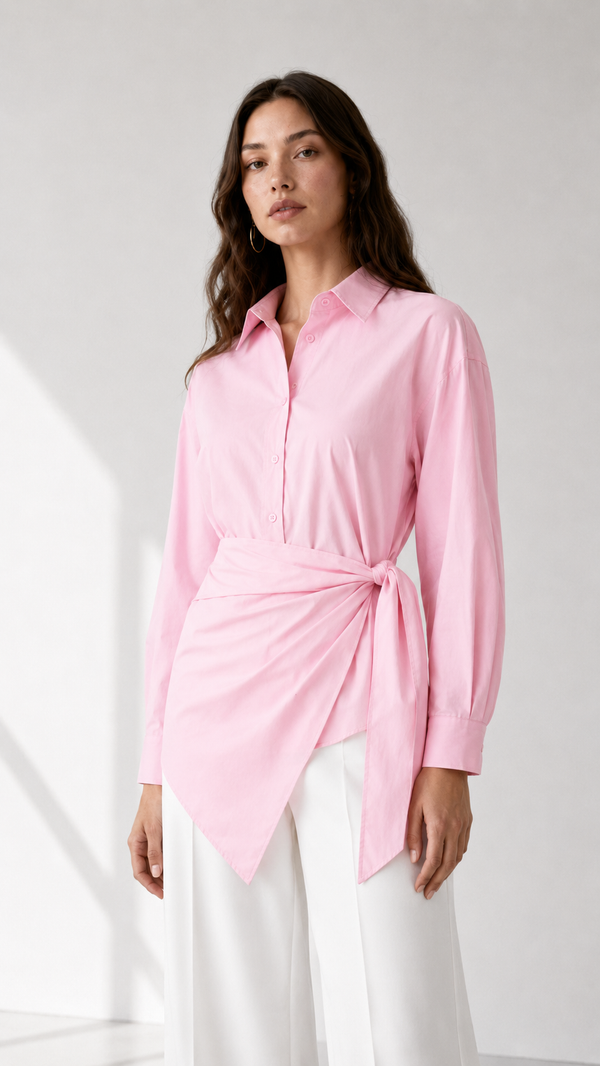 Wrap-front button-down shirt in pastel blue, yellow, and pink. It features a classic pointed collar, concealed-style front button placket, long sleeves with wide cuffs, and a waist tie detail that gathers at the side for a flattering draped silhouette. The asymmetric wrap hem adds a polished yet feminine touch, ideal for workwear, brunch, or elevated everyday styling.