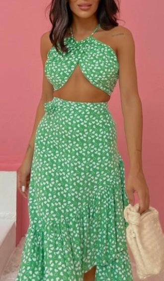 Heart printed crop & skirt set D - HANGER